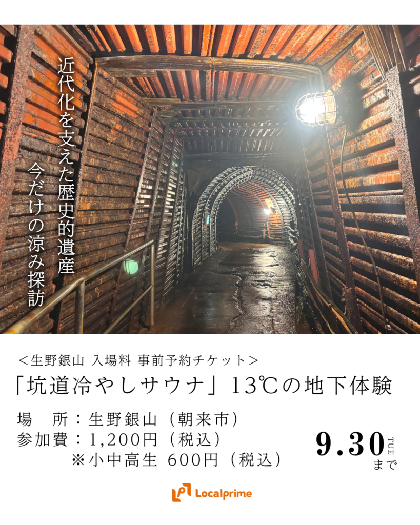 「坑道冷やしサウナ」～猛暑に勝つ13℃の地下体験～ 
＜生野銀山 入場料 事前予約チケット＞
